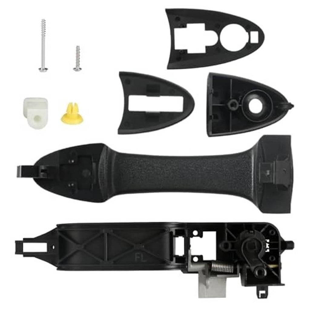 Exterior door handle kit with black handle, inner reinforcement assembly, and screws