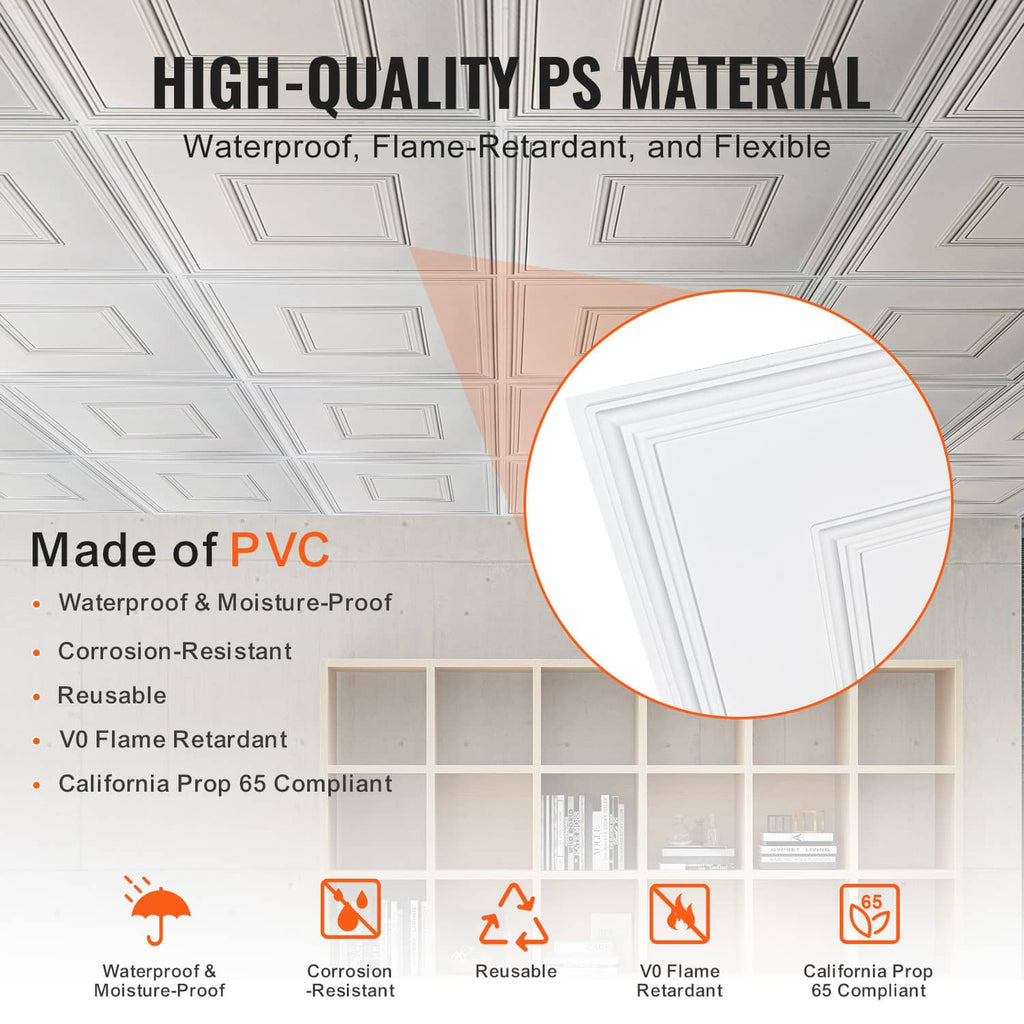 White PVC ceiling tile close-up showing layered square geometric relief pattern