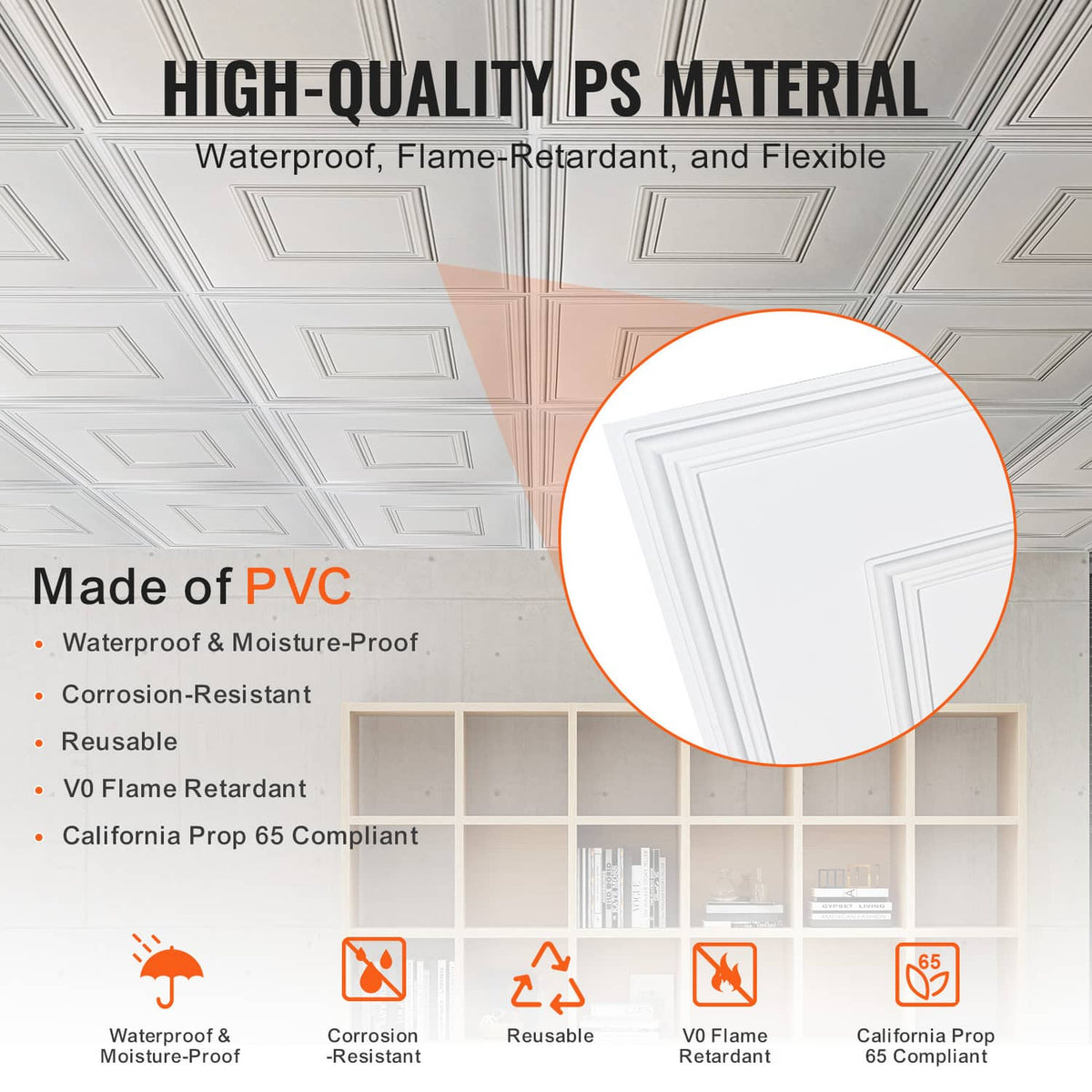 White PVC ceiling tile close-up showing layered square geometric relief pattern