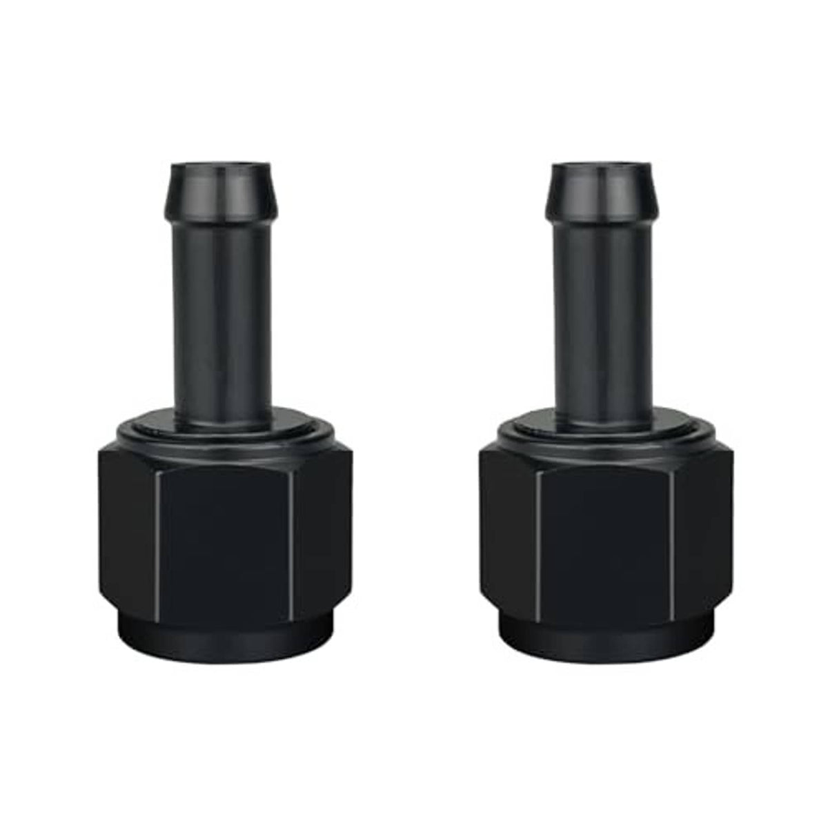 Black 10AN female to 3/8" barb hose adapter, swivel design, angled view