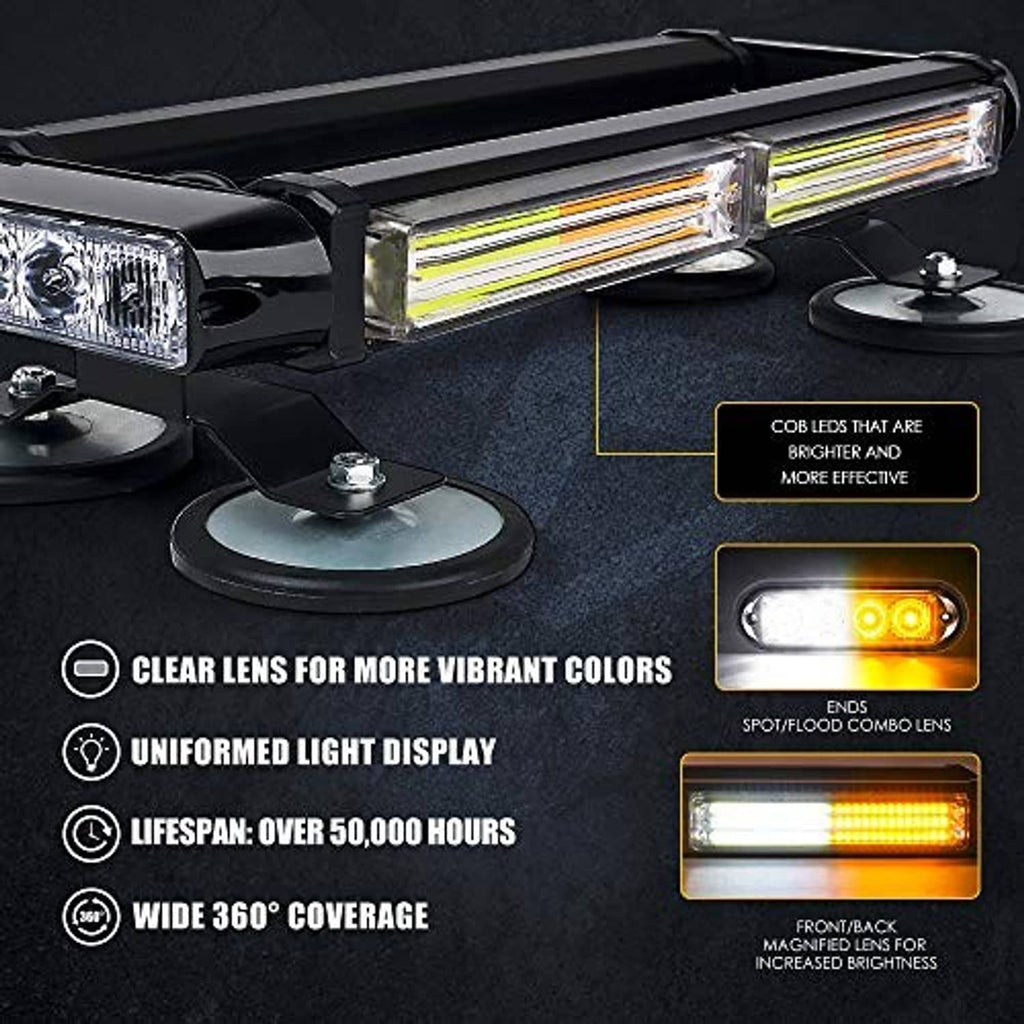 Black COB LED light bar with bright amber and white multi-strip strobe lens