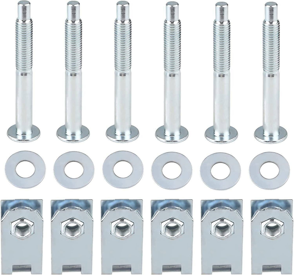 Steel truck bed mounting hardware kit with 6 bolts, washers, and U-clips