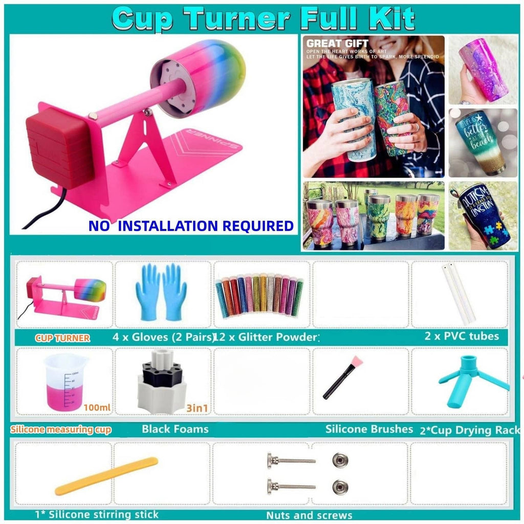 Cup turner full kit with pink spinner base, black foam blocks, and included accessories
