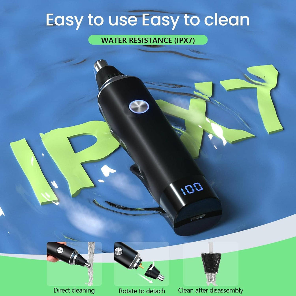 Black ear and nose hair trimmer with LED display and detachable cleaning head