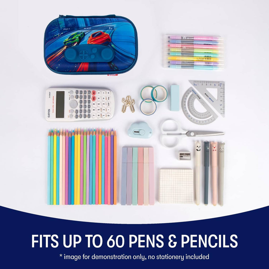Blue zipper pencil case with roomy interior, shown with pens, pencils, and accessories.