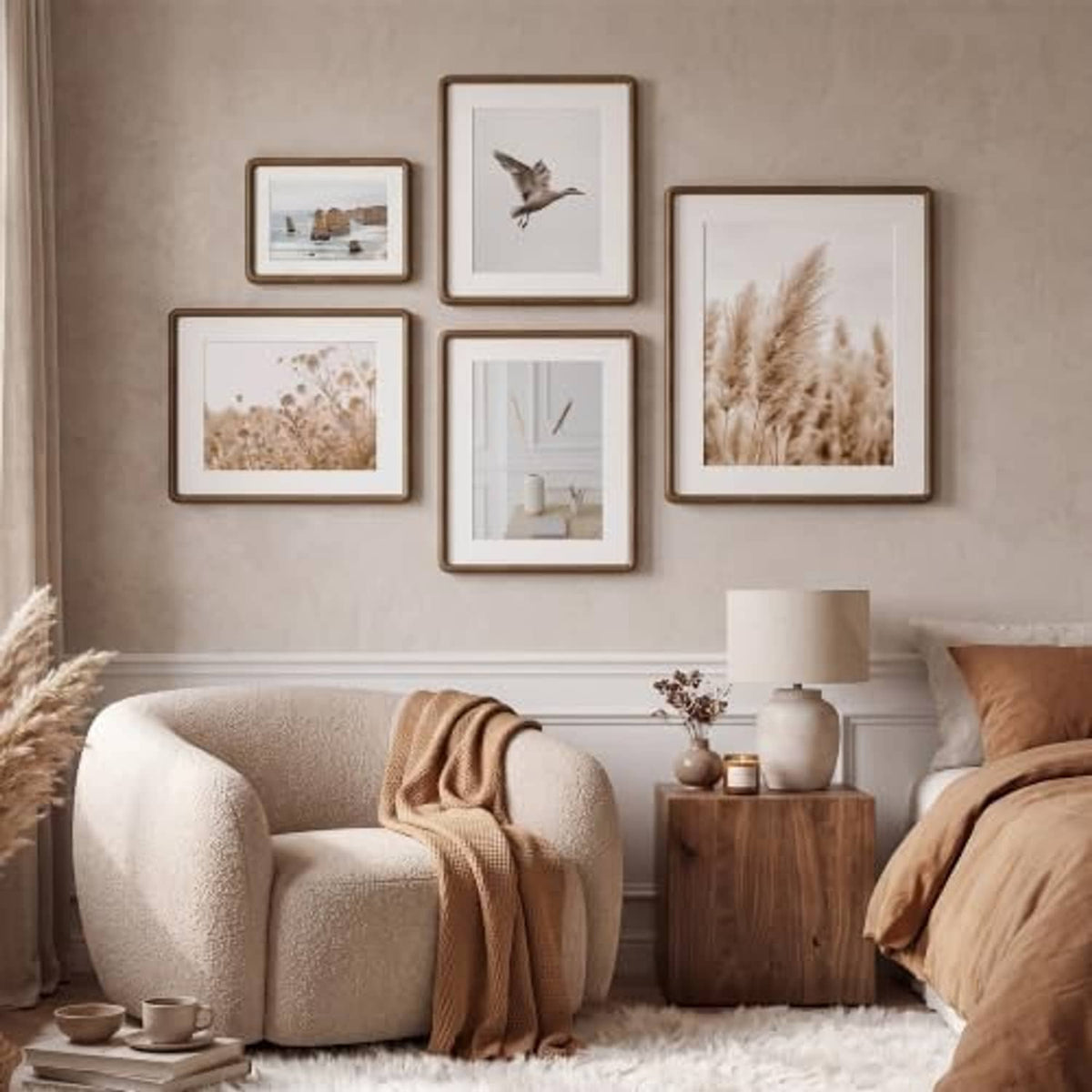 Walnut-tone photo frame set on wall with clear glass fronts in small square sizes