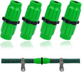 Expandable garden hose repair kit with four green dual-channel connectors and two metal clamps