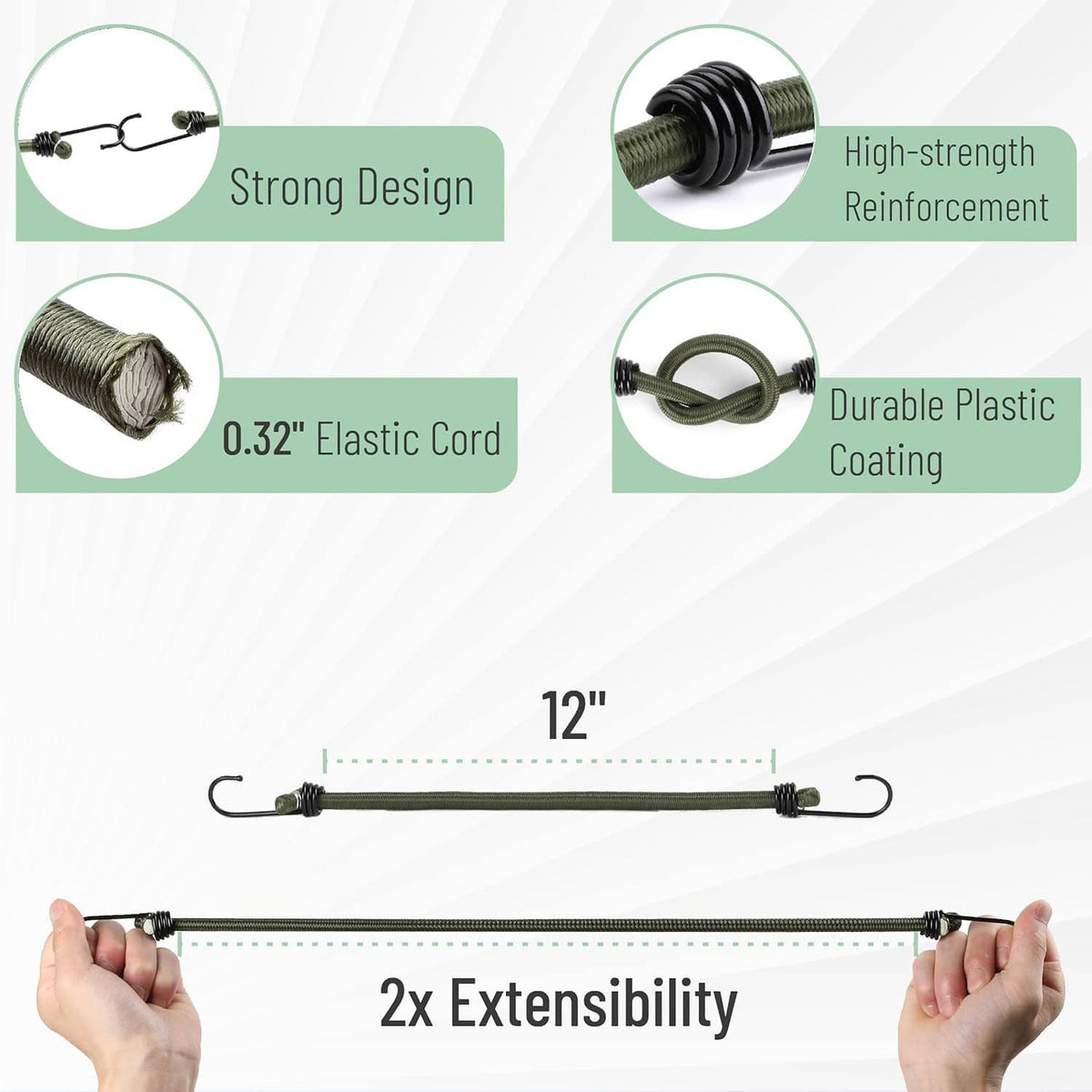 Two olive green bungee cords with metal hooks and black coil ends