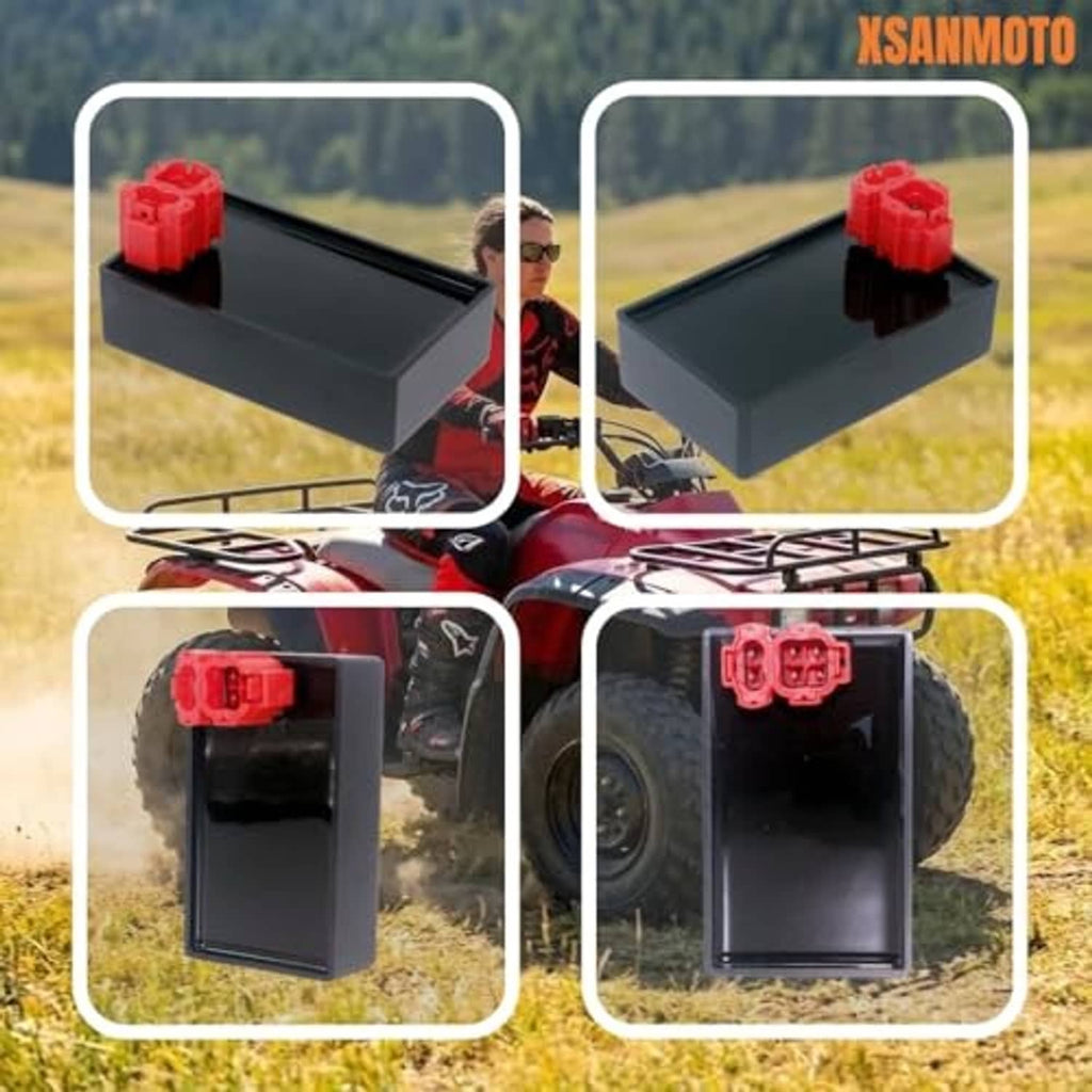 CDI ignition module box with red connector block mounted on ATV, multi-angle views