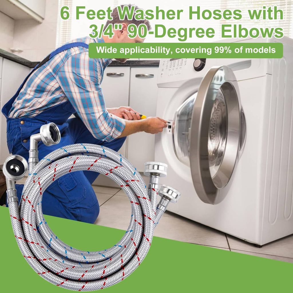 Coiled stainless steel washing machine hose with blue/red stripes and threaded elbow connectors