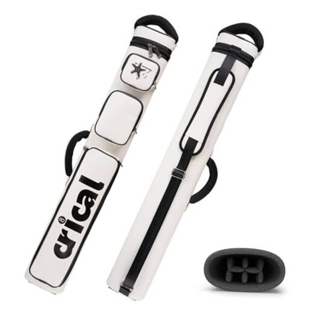 White hard pool cue case with black straps and padded sections for 2 butts, 4 shafts
