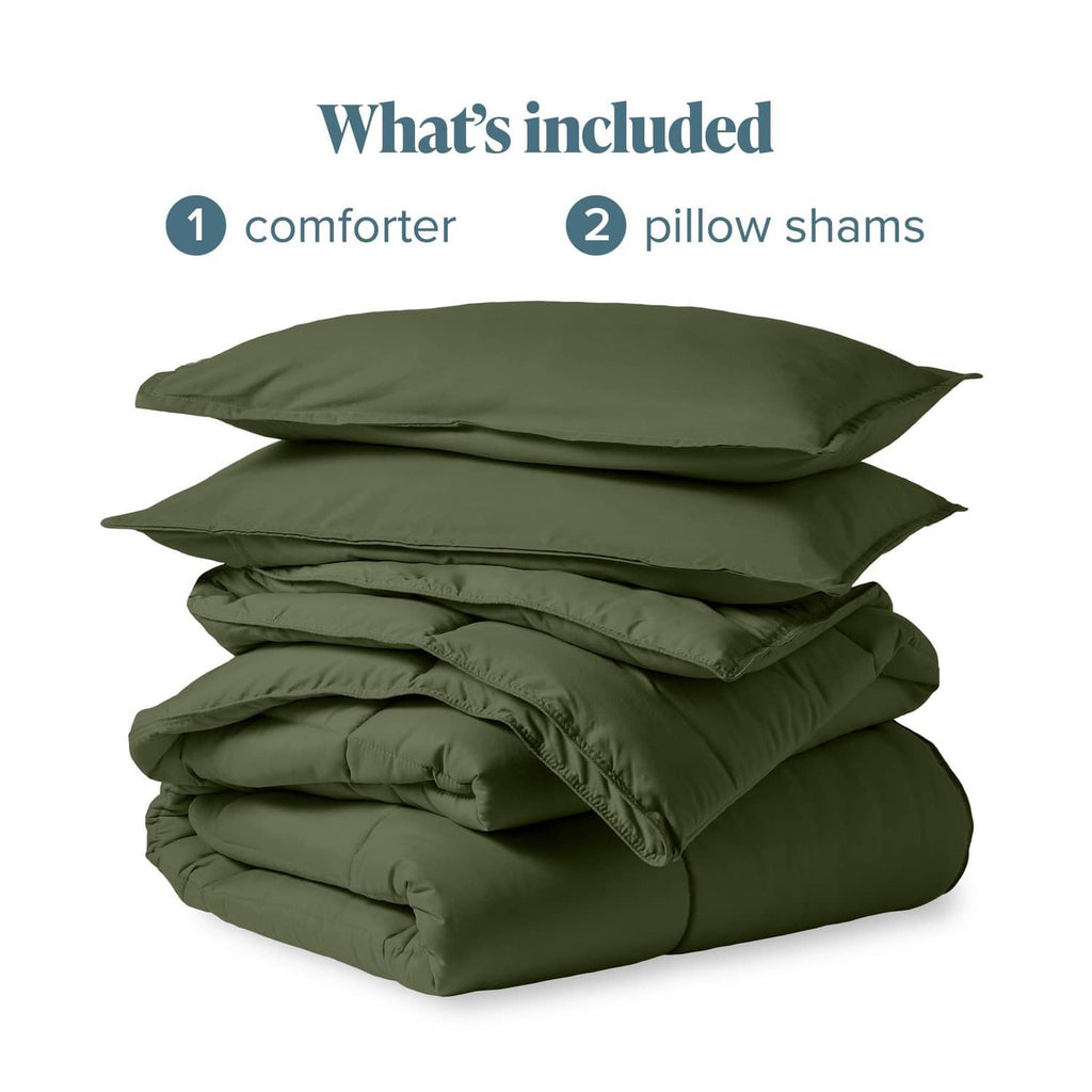 Stacked cypress green comforter and pillow shams, set contents graphic