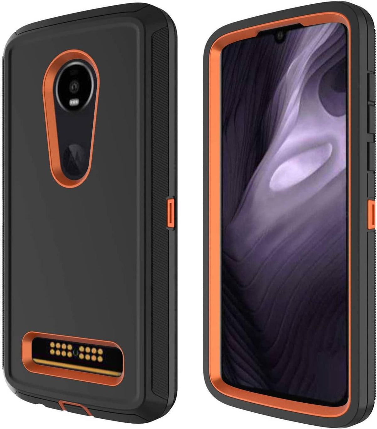 Rugged black phone case with orange trim, camera cutout and front charging port