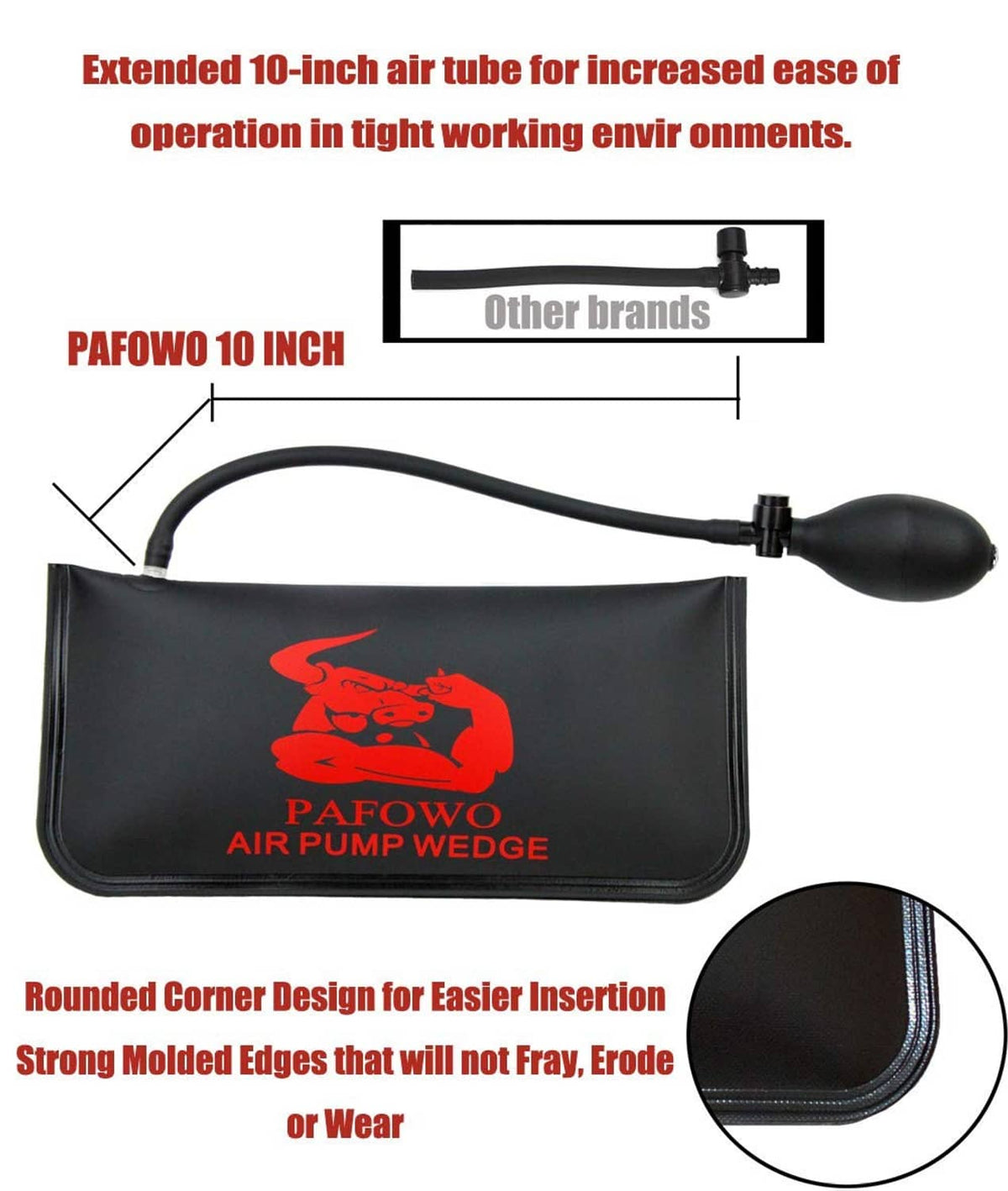Air pump wedge bag with hand pump and extended air tube for easier insertion