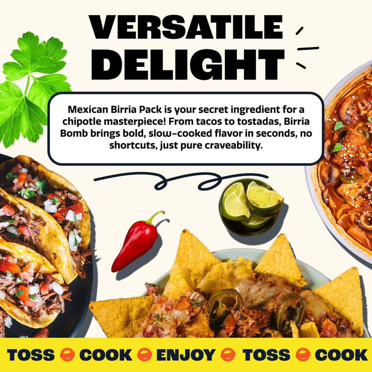 Birria Bomb seasoning shown with tacos, chips, lime, and chili peppers