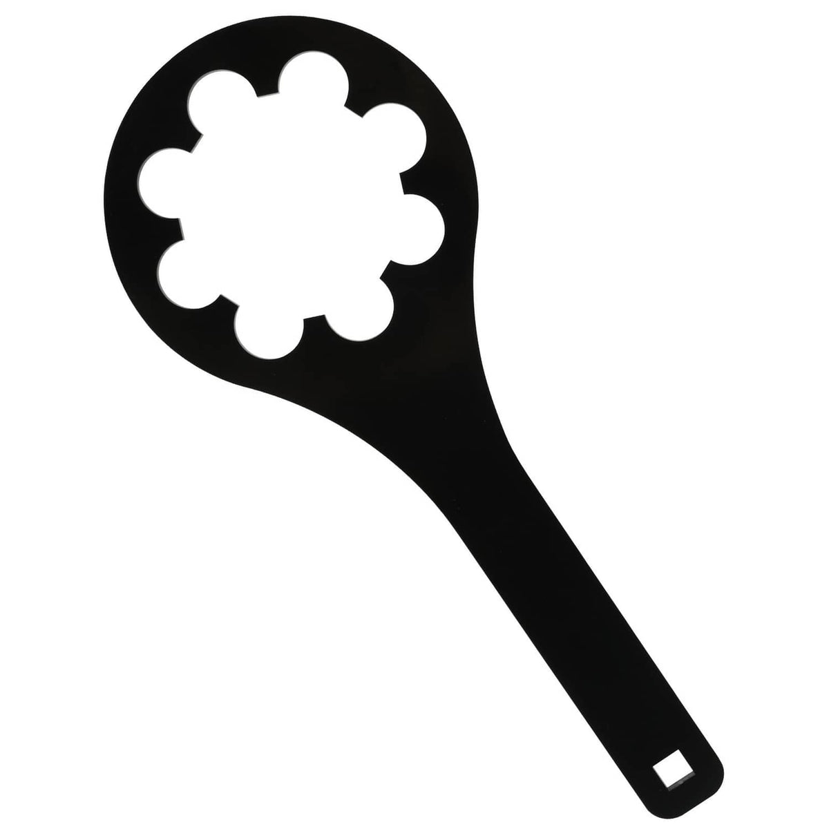 Black star-flower nut wrench with long handle and square drive end