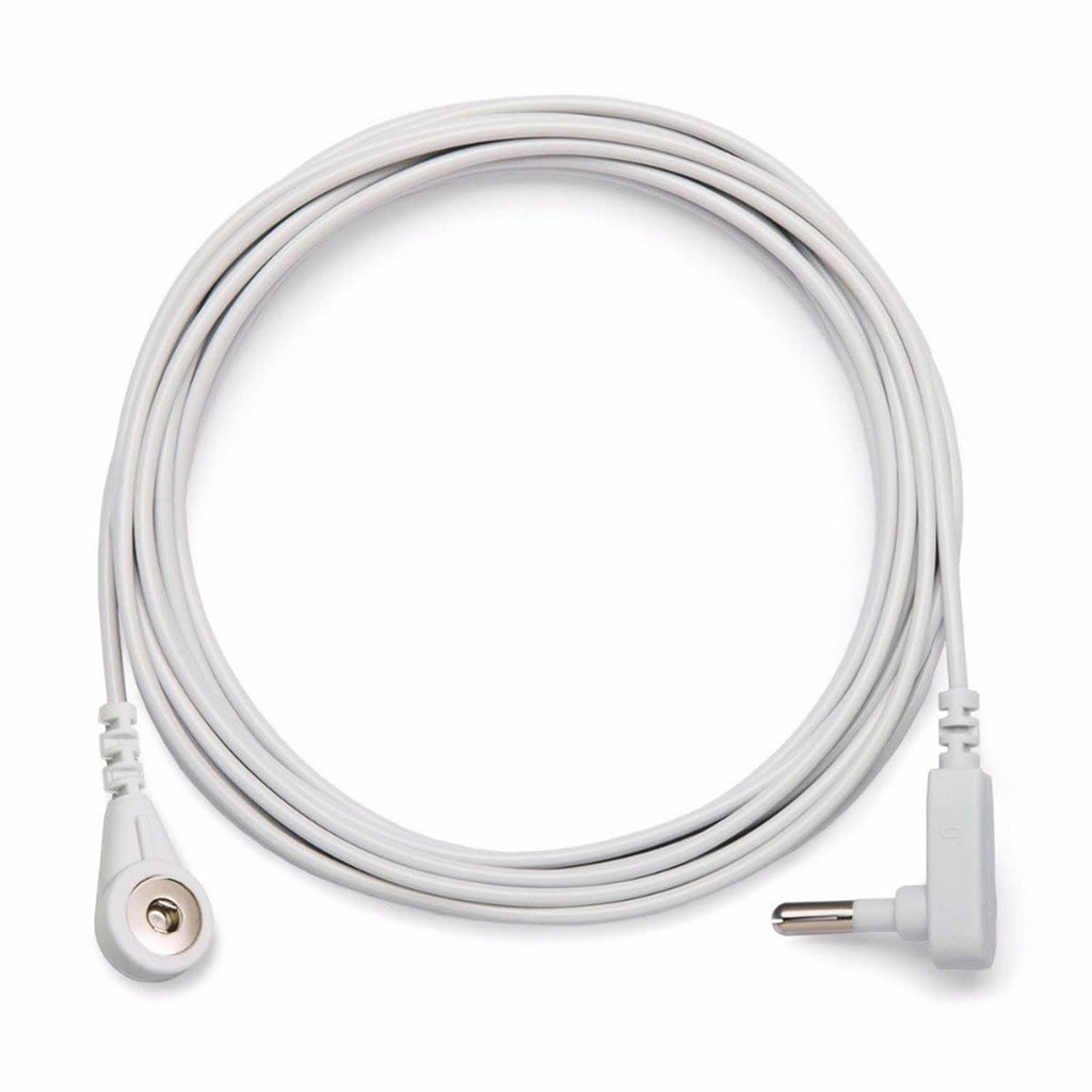 Coiled white grounding cord with two-prong plug and ring electrode end