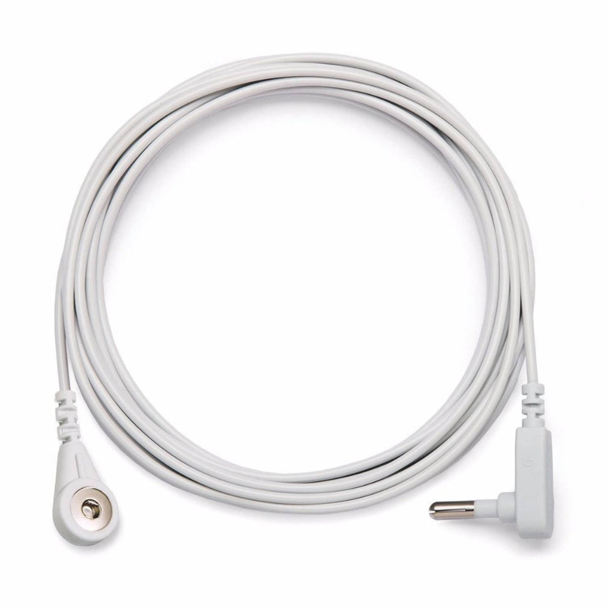 Coiled white grounding cord with two-prong plug and ring electrode end