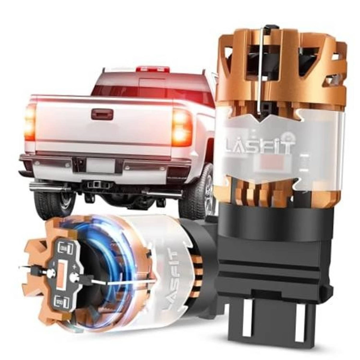 LED brake light bulb set with copper heatsink and black base, front and side view