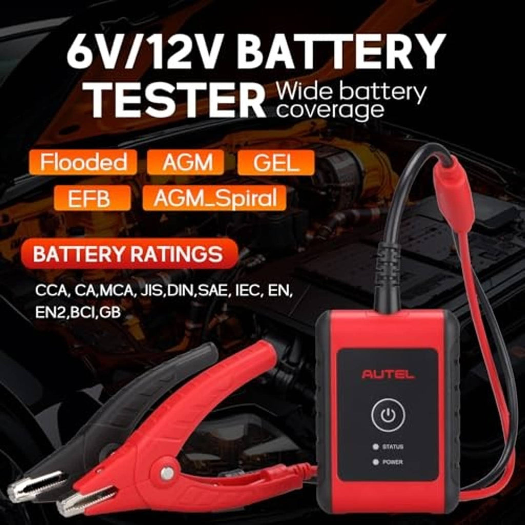 6V/12V battery tester with red clamp leads and power/status indicator