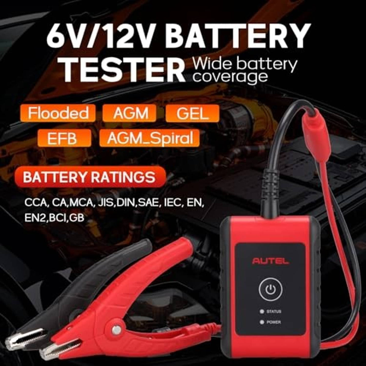6V/12V battery tester with red clamp leads and power/status indicator