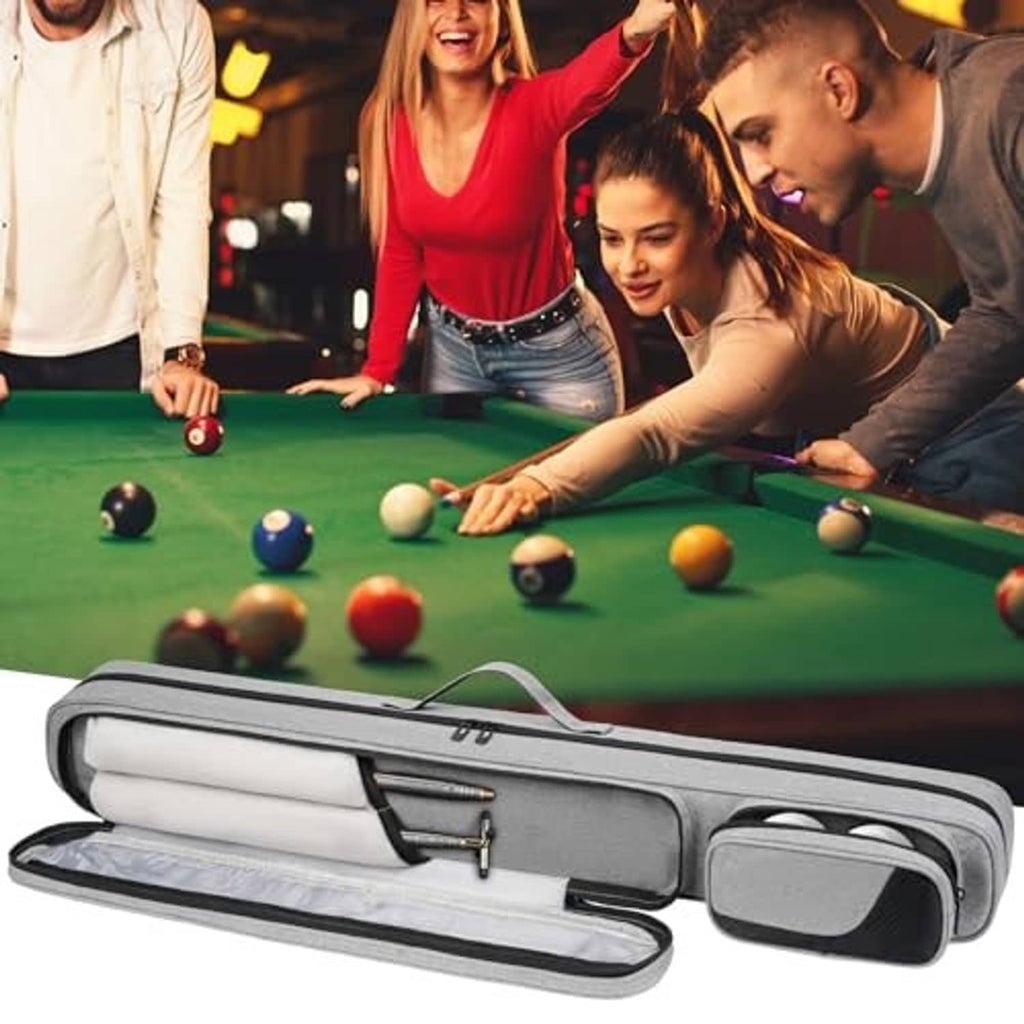Grey pool cue case with black trim, front pocket, and zip-closure main compartment