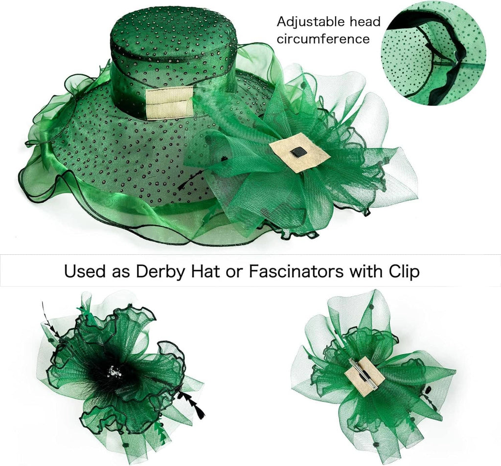 Green organza derby hat fascinator with adjustable band and ruffled flower accents with clip