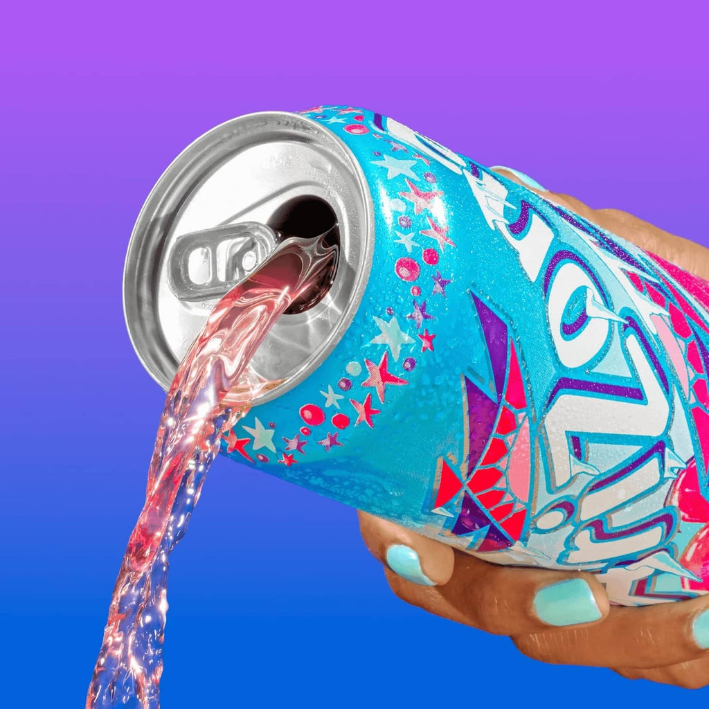 AriZona Frost Chillzicle blue juice can with opened tab, pouring fruit drink