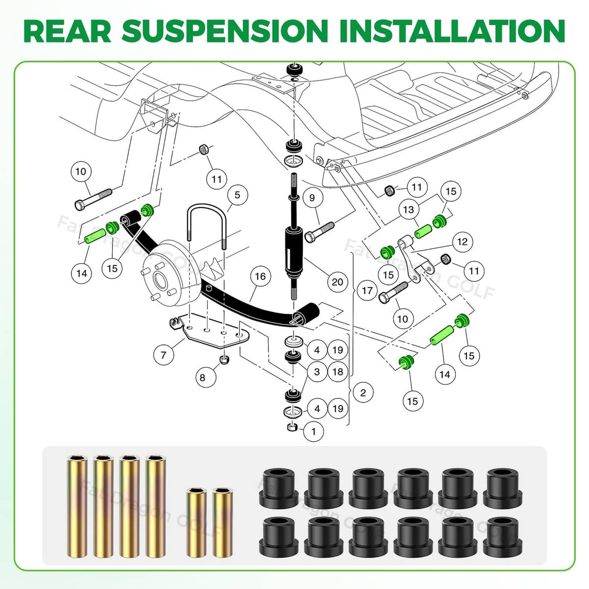 Rear suspension installation diagram showing black and gray bushings with metal sleeves