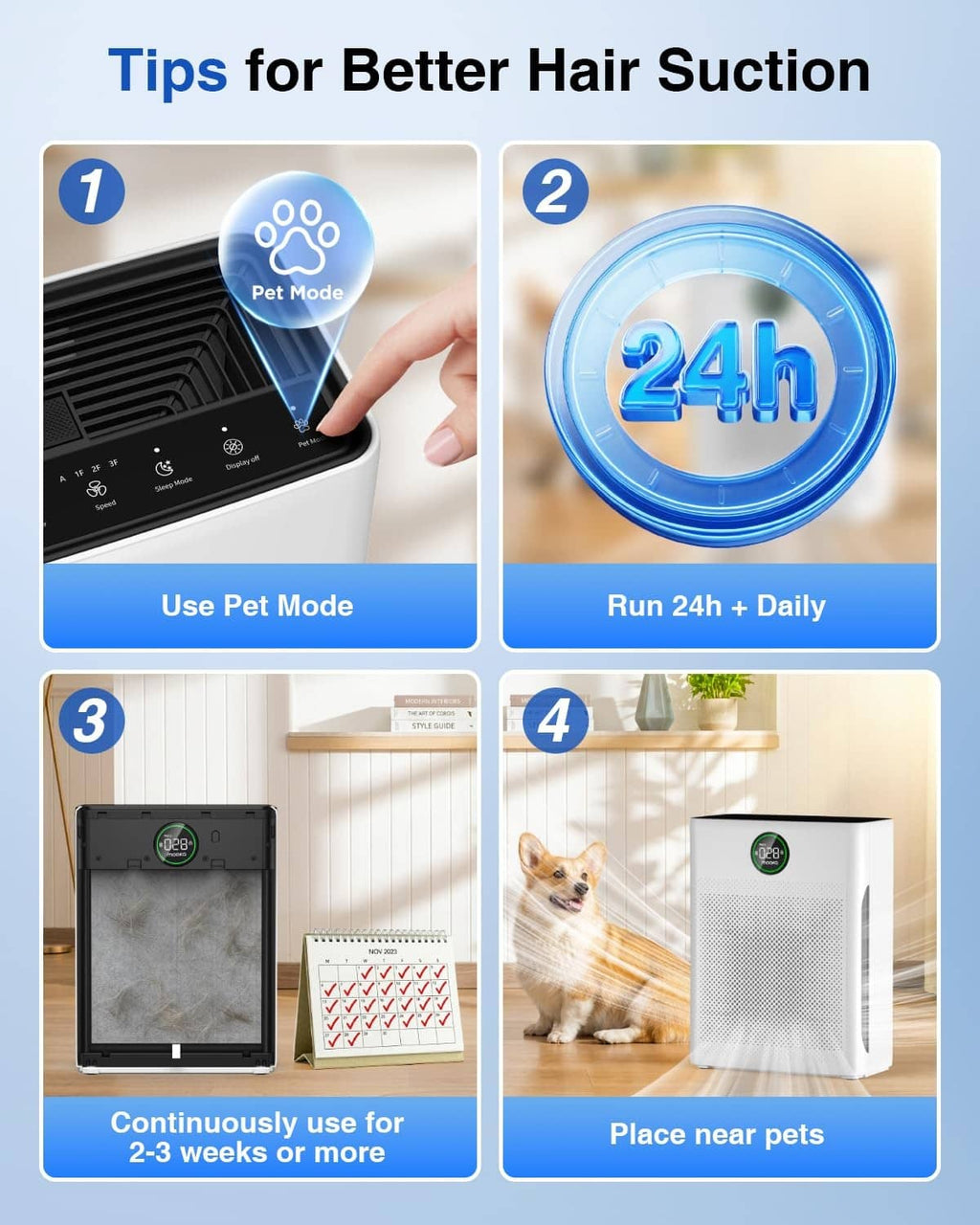 White MOOKA air purifier front controls with pet mode and 24h daily timer icon
