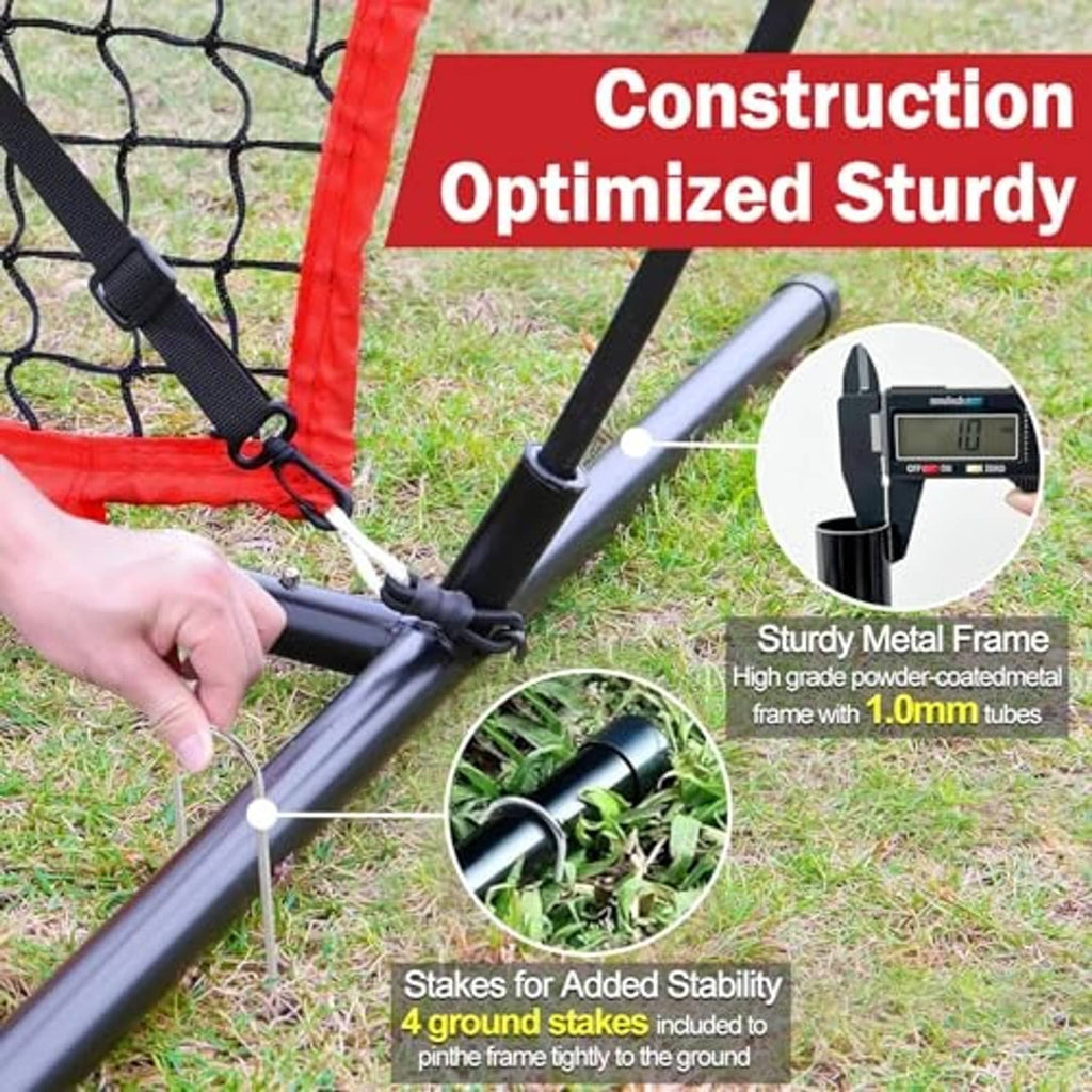 Red net stake and black steel frame on grass with connection hardware