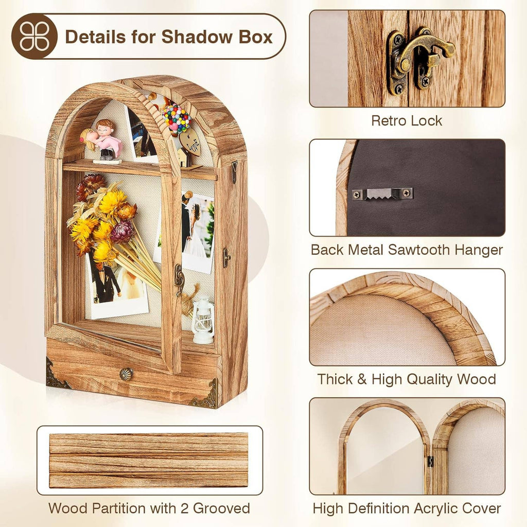 Arched shadow box details: retro lock, sawtooth hanger, and clear acrylic cover