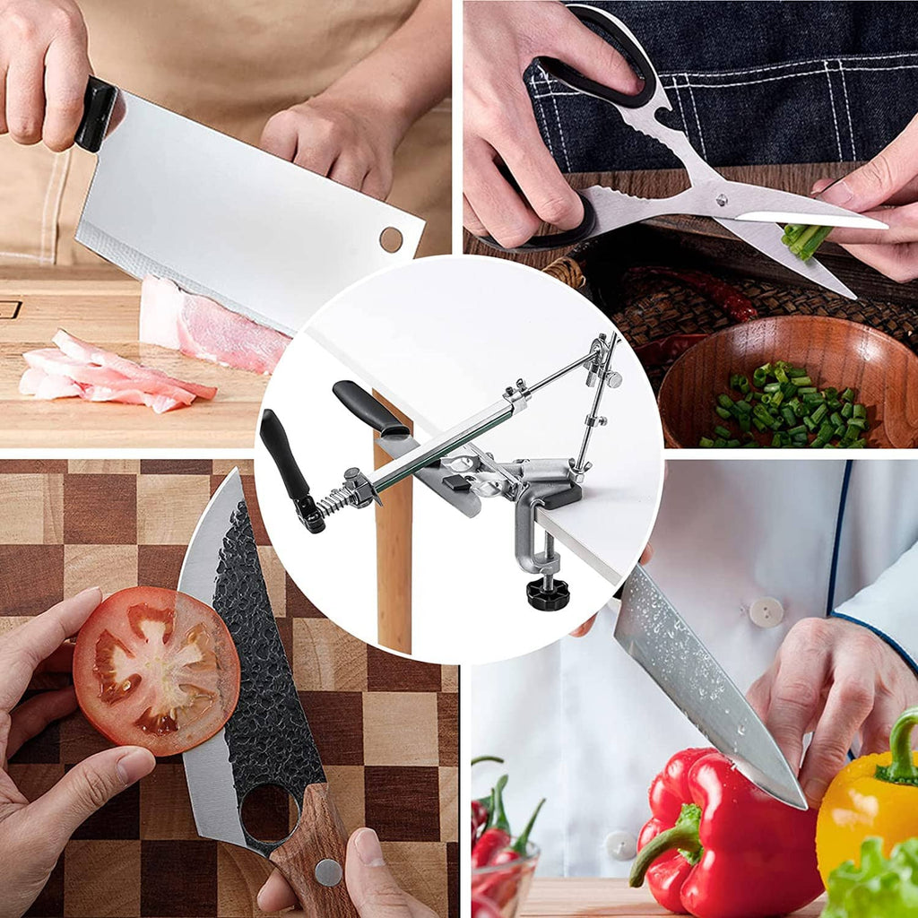 Knife being sharpened with a guide system and mounted holder using a handheld whetstone