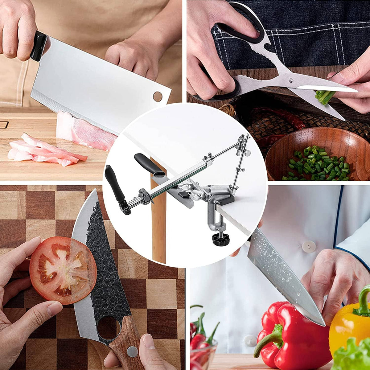 Knife being sharpened with a guide system and mounted holder using a handheld whetstone