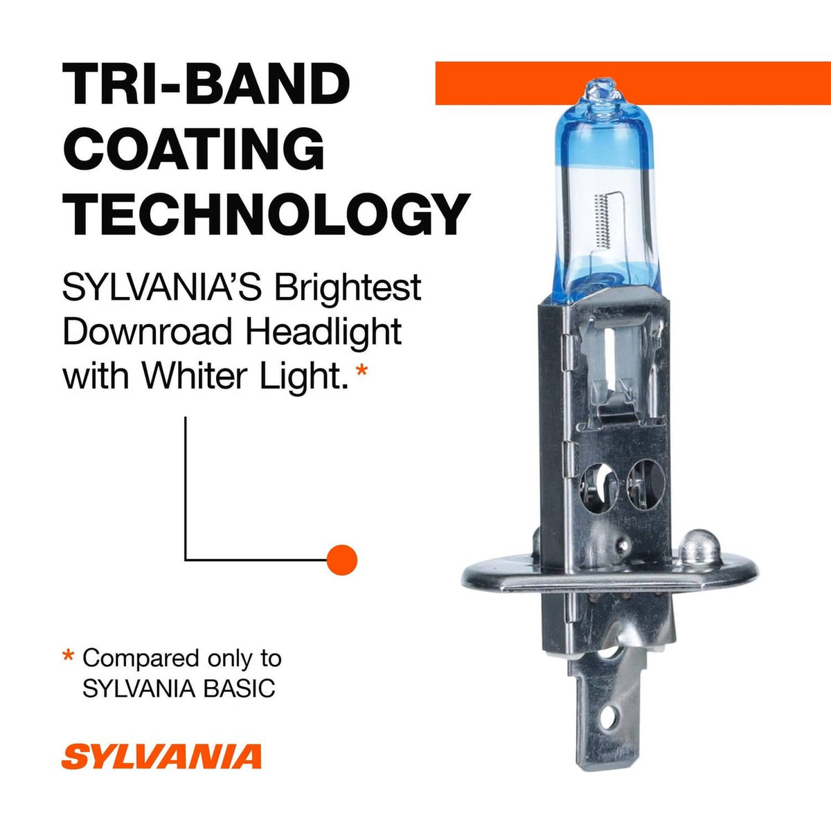 H1 halogen headlight bulb with blue glass and metal base, tri-band coating callout