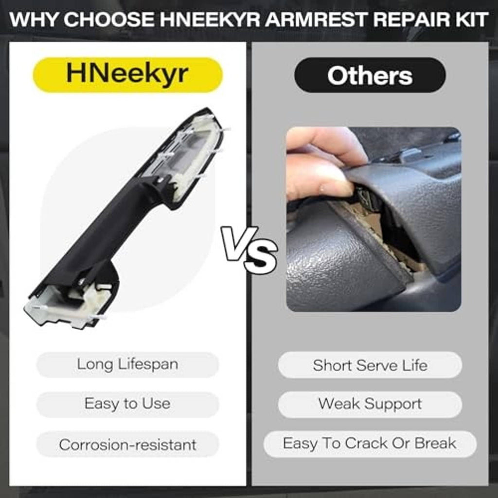 Armrest repair kit durability comparison graphic, corrosion-resistant vs shorter life