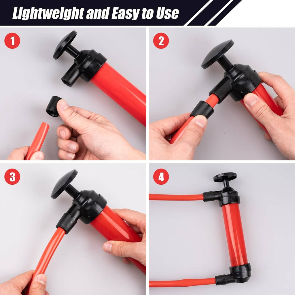 Hand siphon pump showing assembly steps with red cylinder and black connector parts