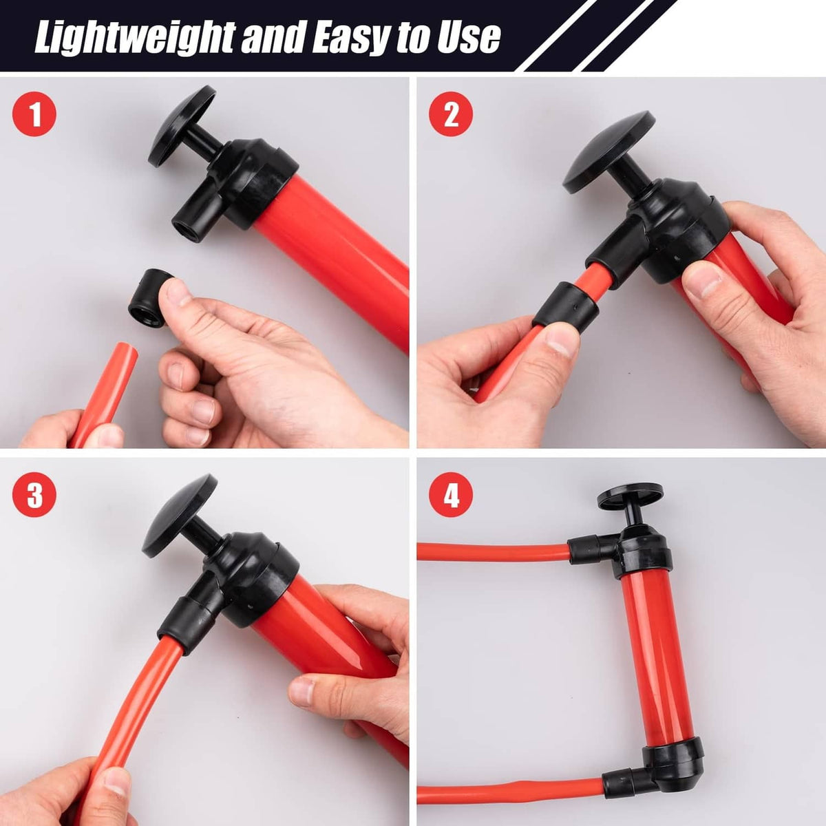 Hand siphon pump showing assembly steps with red cylinder and black connector parts