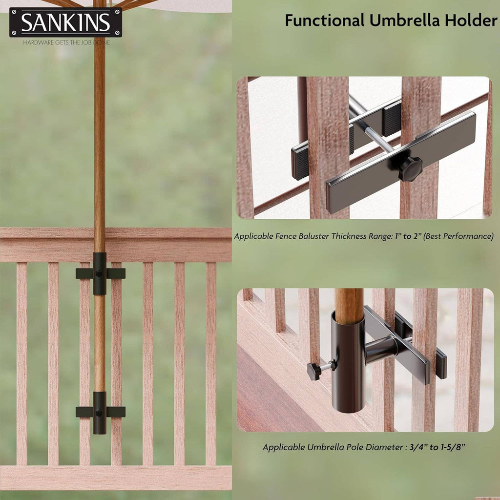 Black umbrella holder clamp with pole cup mounted on wood fence railing.