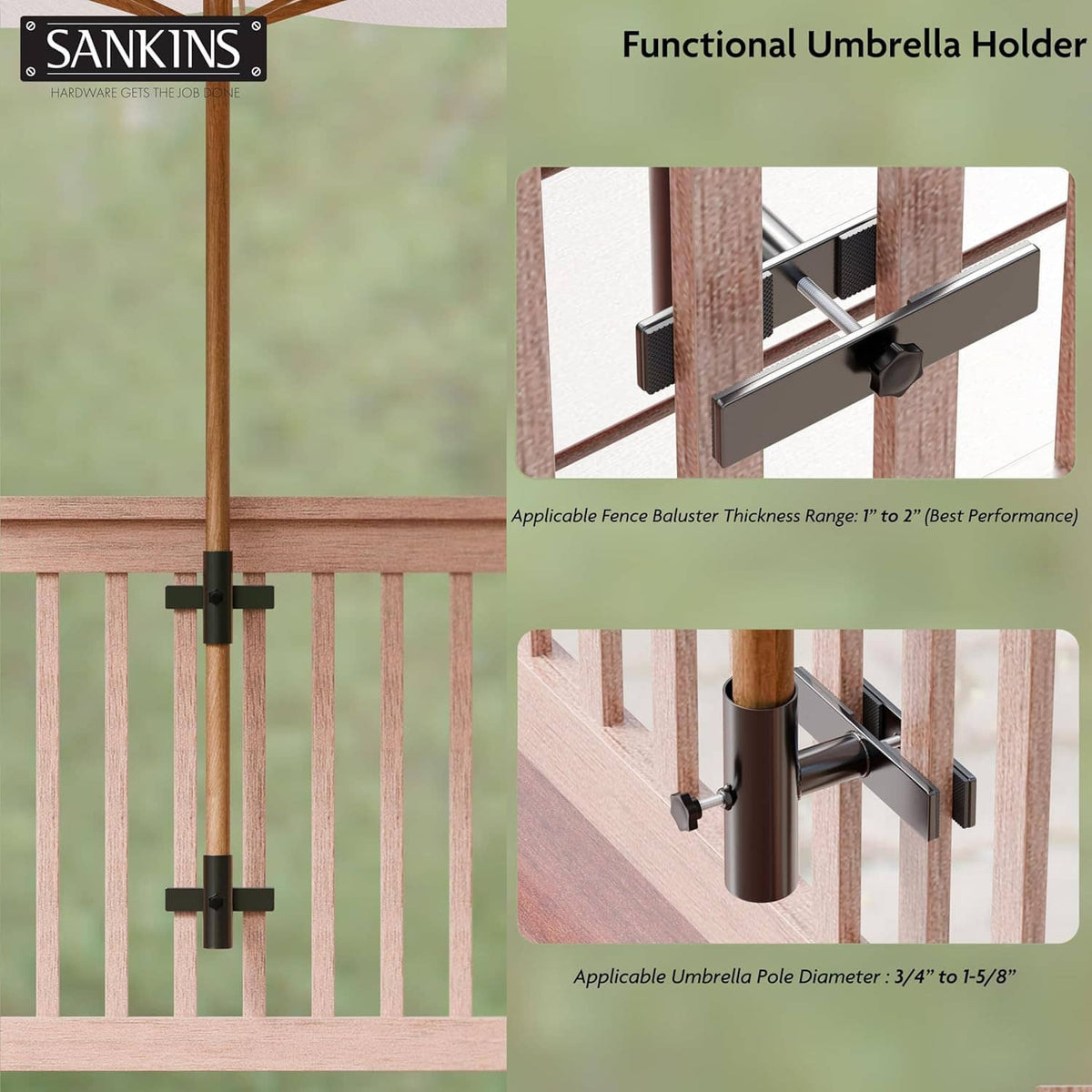 Black umbrella holder clamp with pole cup mounted on wood fence railing.