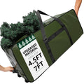 Green Christmas tree storage bag with wheels and black carry straps, 4.5–7 ft capacity