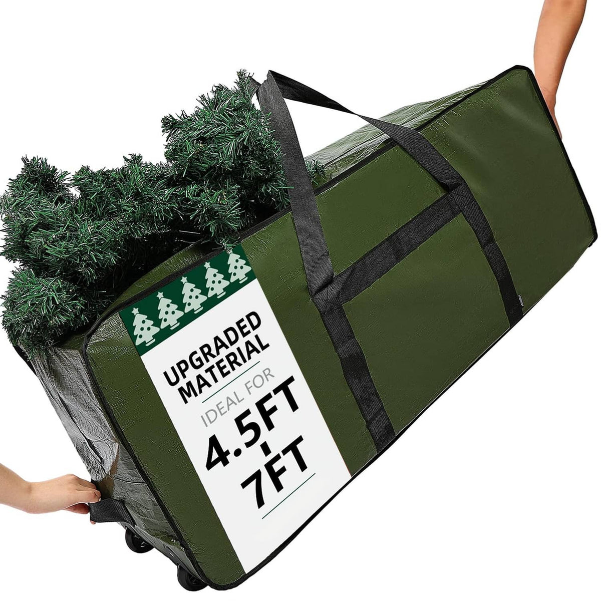 Green Christmas tree storage bag with wheels and black carry straps, 4.5–7 ft capacity
