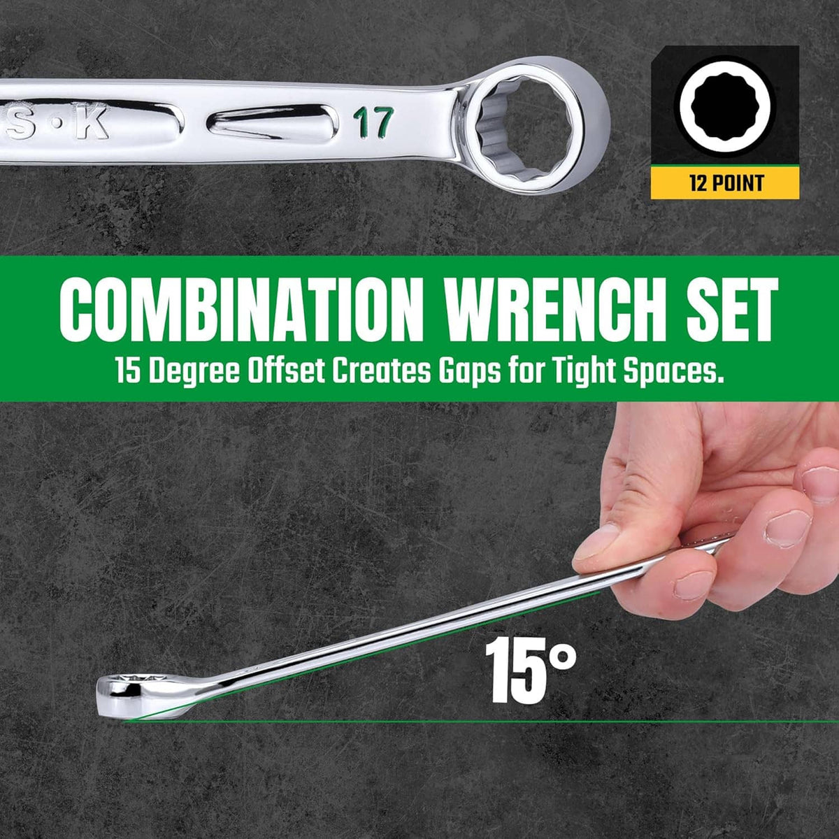 Combination wrench with 12-point open end, 15° offset, held in hand
