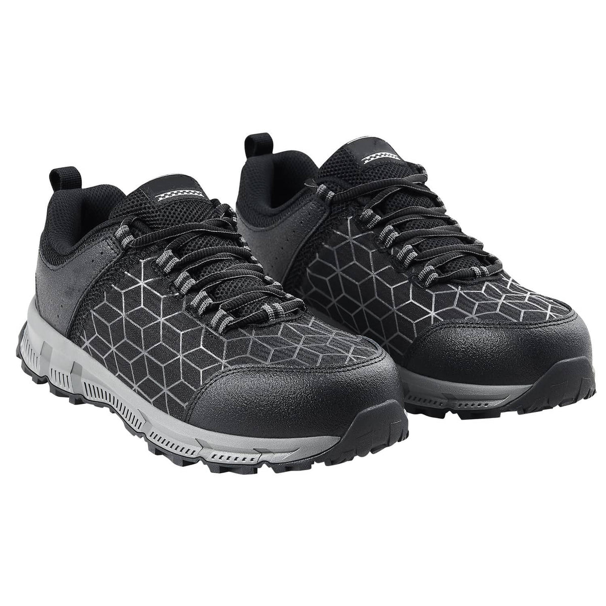 Pair of black lace-up athletic work sneakers with geometric panels and rugged outsole