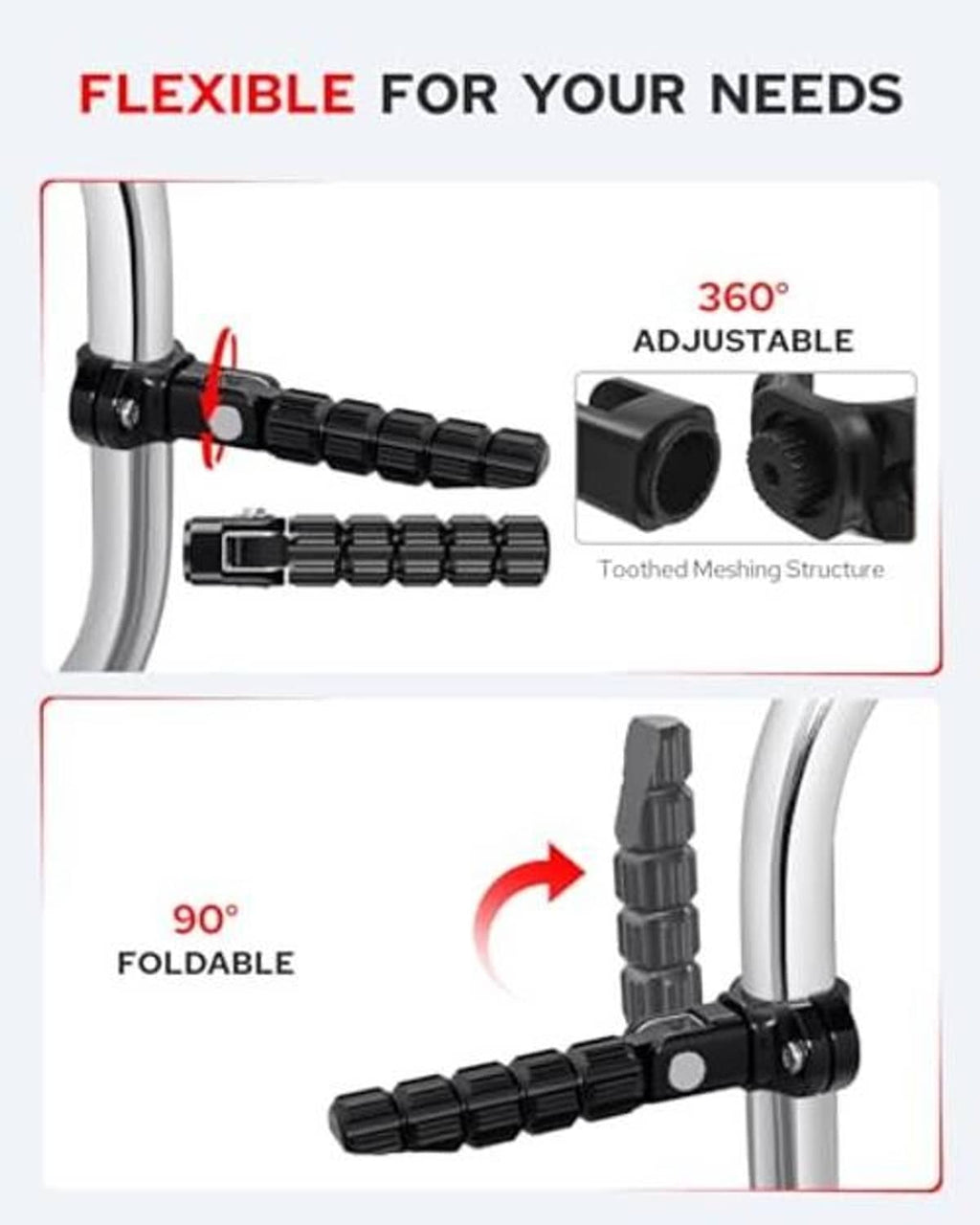Black folding motorcycle foot pegs with toothed grip texture and hinge mount