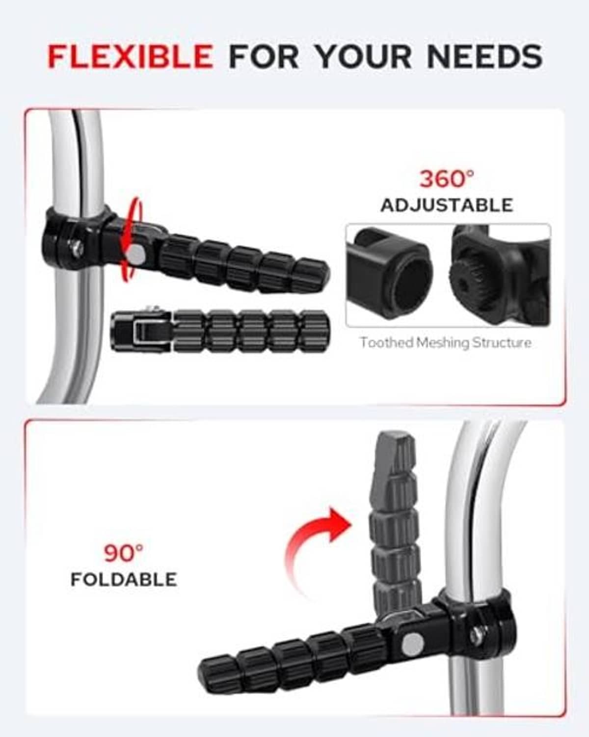 Black folding motorcycle foot pegs with toothed grip texture and hinge mount