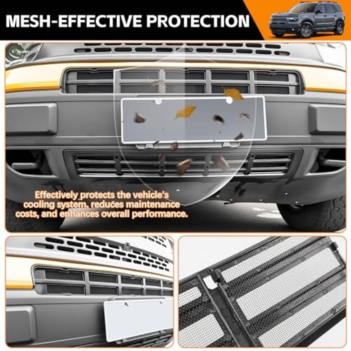 Front bumper mesh grille insert with dense mesh panel and black mounting frame.
