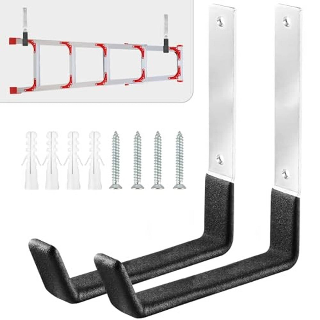 Two black U-shaped wall mount garage hooks with screws and long curved arms