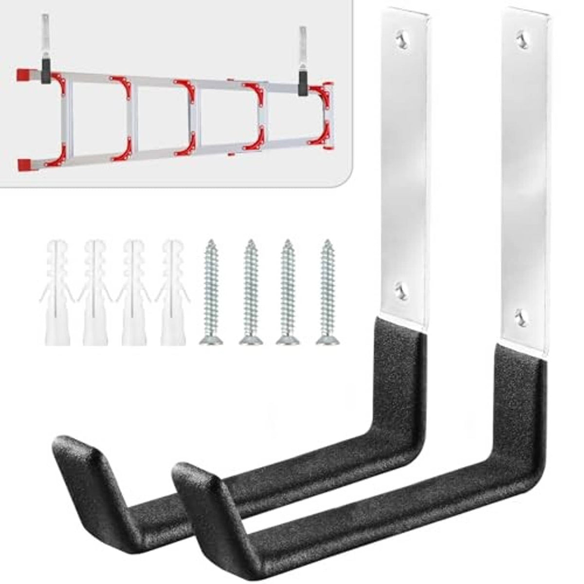 Two black U-shaped wall mount garage hooks with screws and long curved arms