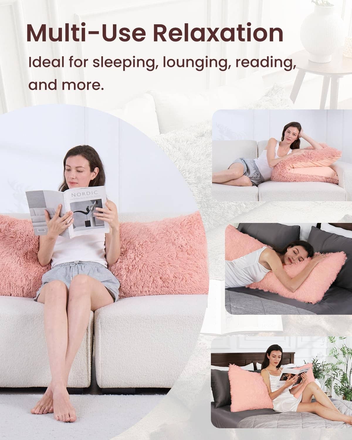Pink fuzzy body pillow cover used for lounging and sleeping on a couch